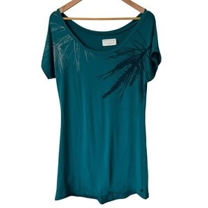Loden Hand Printed Handmade Tunic Top Cap Sleeve Teal Foliage Women's Size Large